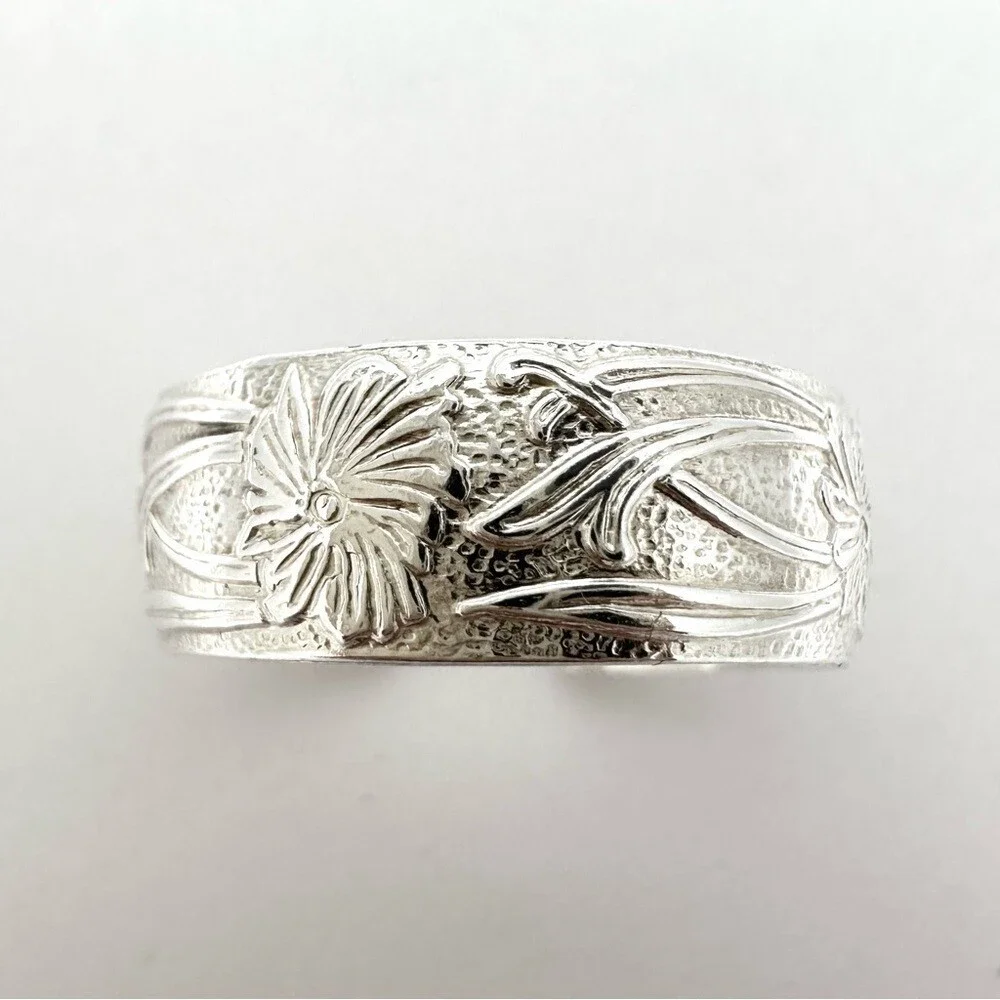 Men's Wide Band Floral Pattern Sterling Silver Ring Open Cuff